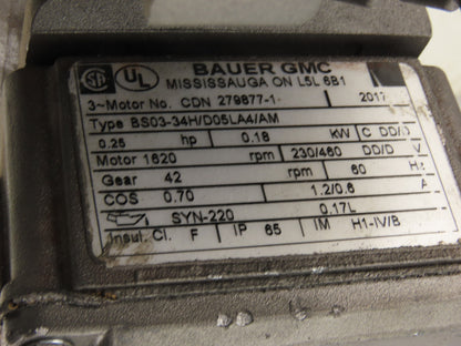 Bauer BS03-34H/D05LA4 38.57:1 Ratio 230/460V .25Hp 42RPM Right Angle Gearmotor