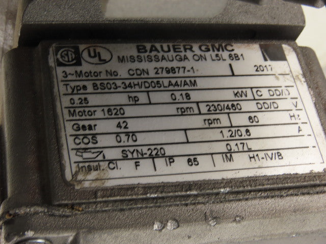 Bauer BS03-34H/D05LA4 38.57:1 Ratio 230/460V .25Hp 42RPM Right Angle Gearmotor