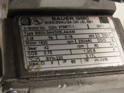 Bauer BS03-34H/D05LA4 38.57:1 Ratio 230/460V .25Hp 42RPM Right Angle Gearmotor