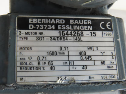 Bauer SG1-34/DK54-143L 40:1 Ratio 40RPM 0.11kW 60Hz 400V Right Angle Gearmotor
