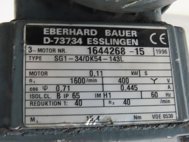 Bauer SG1-34/DK54-143L 40:1 Ratio 40RPM 0.11kW 60Hz 400V Right Angle Gearmotor