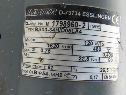 Bauer BS03-34H/D05LA4 62:1 Ratio 26RPM 120W 480V 60Hz 3Ph Right Angle Gearmotor