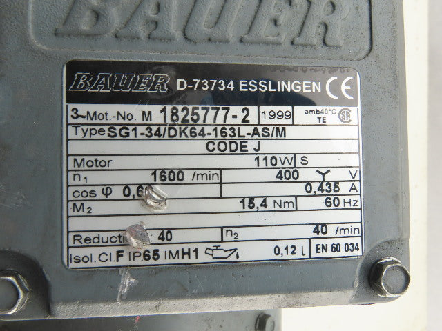 Bauer SG1-34/DK64-163L 40:1 Ratio 40RPM 110W 60Hz 400V Right Angle Gearmotor