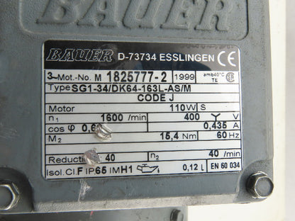 Bauer SG1-34/DK64-163L 40:1 Ratio 40RPM 110W 60Hz 400V Right Angle Gearmotor