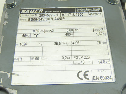 Bauer BS06-34V/D07LA4/SP 64.06:1 Ratio 25.5RPM 0.30kW 400V 3Ph Gear Motor