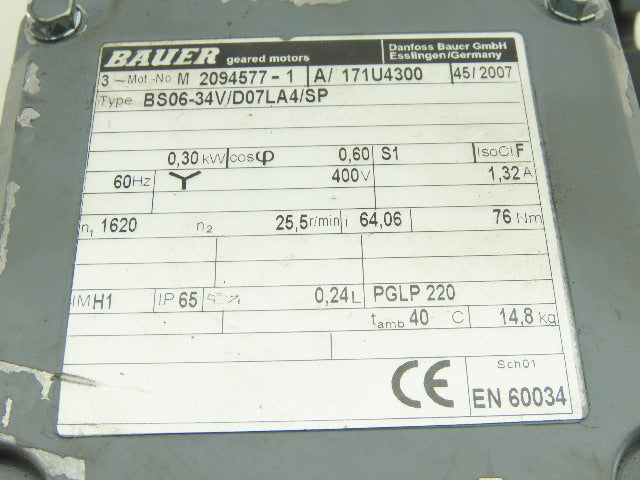 Bauer BS06-34V/D07LA4/SP 64.06:1 Ratio 25.5RPM 0.30kW 400V 3Ph Gear Motor