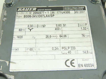 Bauer BS06-34V/D07LA4/SP 64.06:1 Ratio 25.5RPM 0.30kW 400V 3Ph Gear Motor
