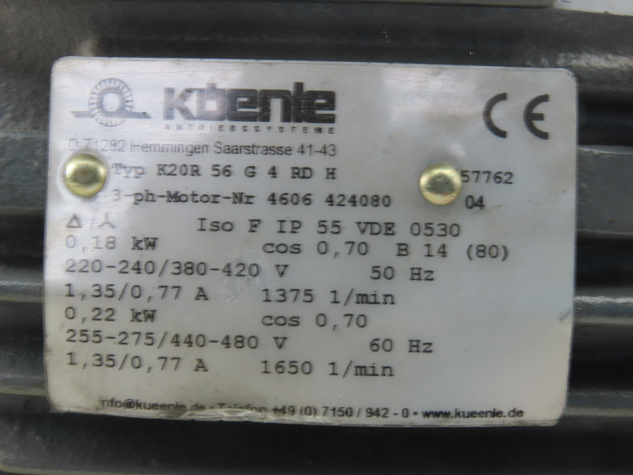 Kuenle K20R56G4RDH 0.22kW 1650RPM 3Ph 440/480V 50/60Hz AC Motor