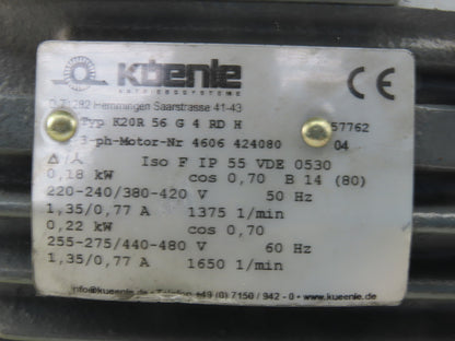 Kuenle K20R56G4RDH 0.22kW 1650RPM 3Ph 440/480V 50/60Hz AC Motor