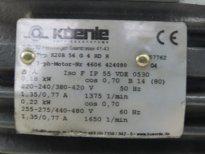 Kuenle K20R56G4RDH 0.22kW 1650RPM 3Ph 440/480V 50/60Hz AC Motor
