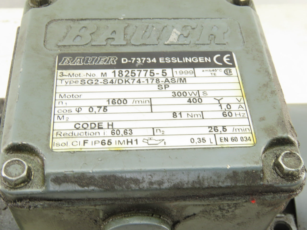 Bauer SG2-S4/DK74-178-AS/M 60.63:1 Ratio 26.5RPM 300W 3Ph 400V Gearmotor