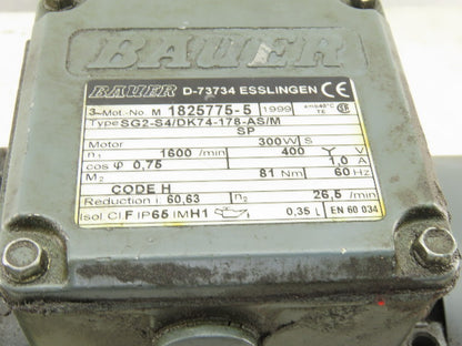 Bauer SG2-S4/DK74-178-AS/M 60.63:1 Ratio 26.5RPM 300W 3Ph 400V Gearmotor