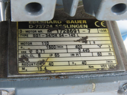 Bauer SG1-34/DK54-143L 40:1 Ratio 40RPM 110W 3Ph 400V Right Angle Gearmotor
