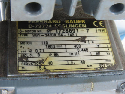 Bauer SG1-34/DK54-143L 40:1 Ratio 40RPM 110W 3Ph 400V Right Angle Gearmotor