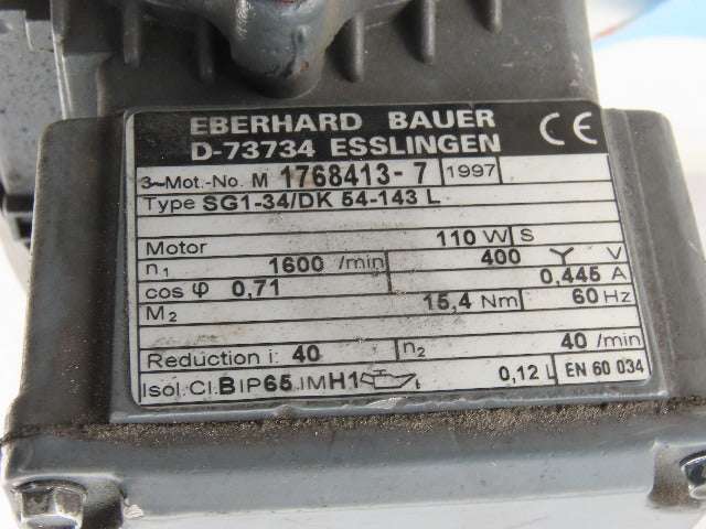 Bauer SG1-34/DK54/143L 40:1 Ratio 40RPM 110W 3Ph 400V Right Angle Gearmotor