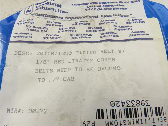 MIR 20T10/1320 Endless Timing Belt W/1/8" Red Linatex Cover 1320mm