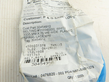 Midwest Industrial Rubber MIR Plastic Spiral Lace Conveyor Belt 3335mm x 70mm