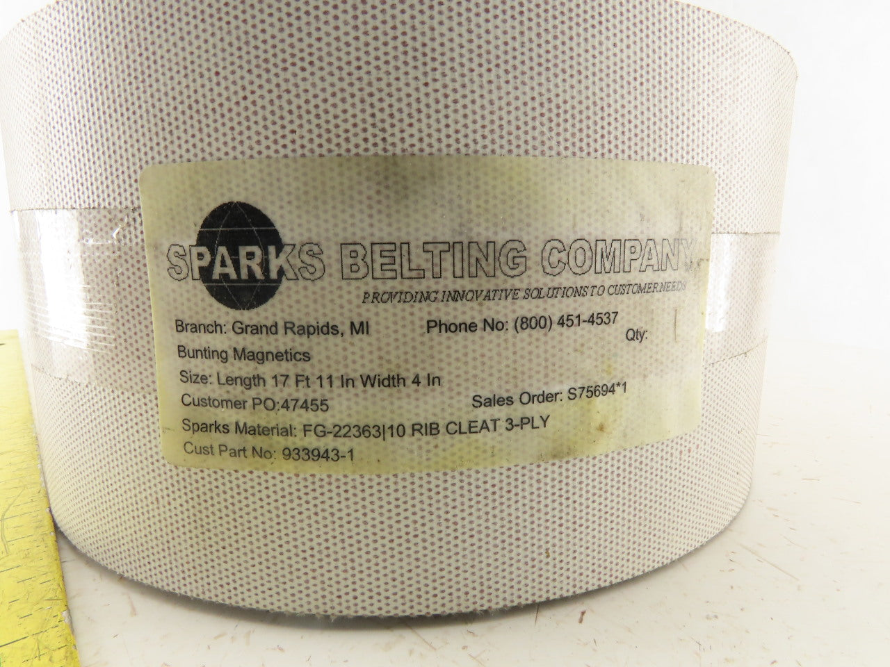 Sparks Belting Co. FG-22363/10 Conveyor Belt 3Ply 17' 11"L x 4"W Cleated