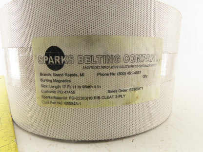 Sparks Belting Co. FG-22363/10 Conveyor Belt 3Ply 17' 11"L x 4"W Cleated