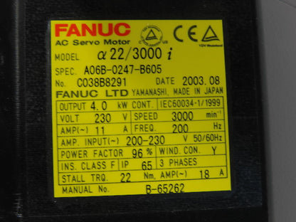 Fanuc A06B-0247-B605 4kW 3000RPM 230VAC 3 Phase  AC Servo Motor