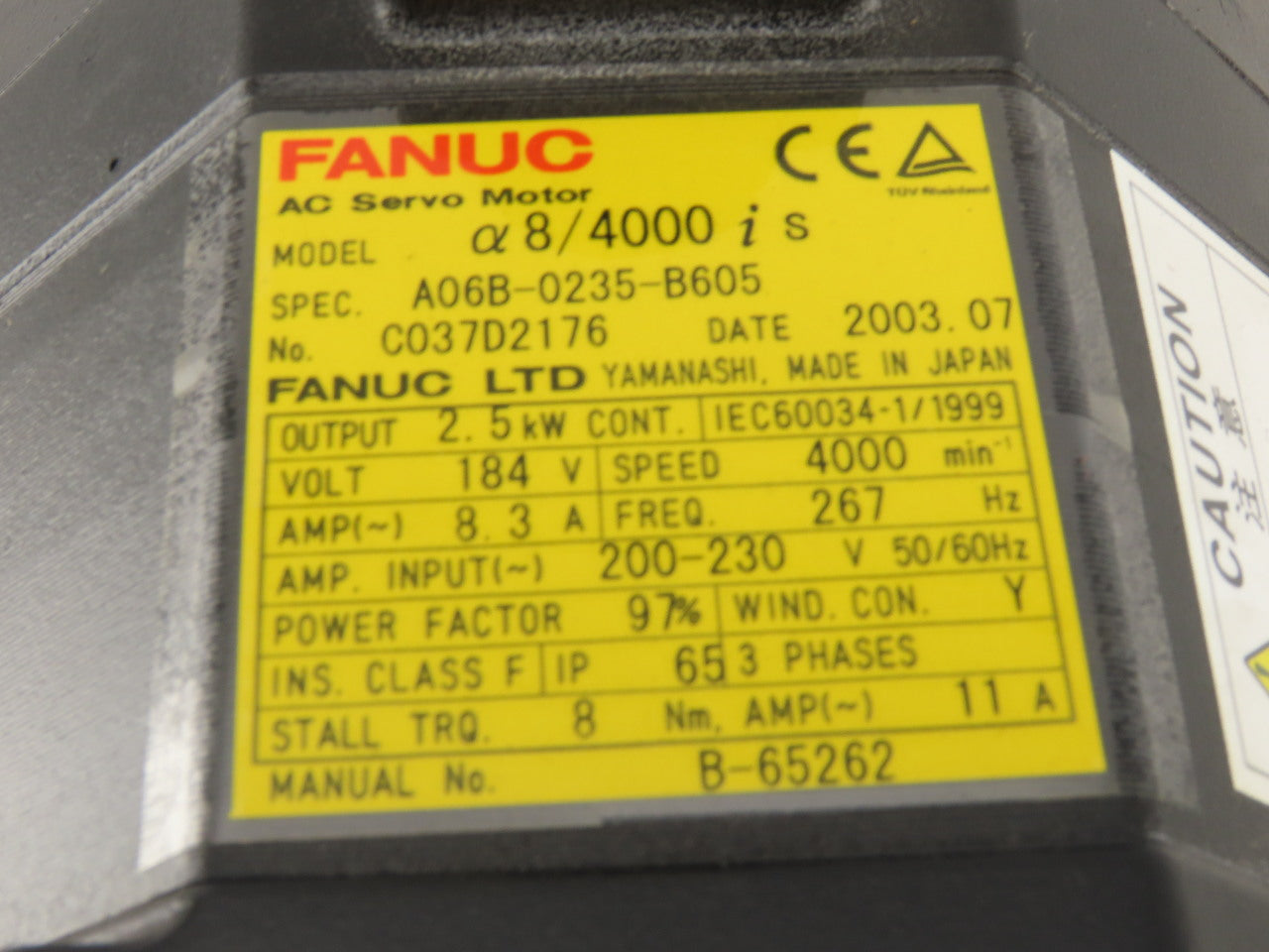 Fanuc A06B-0235-B605 2.5kW 4000RPM 184V AC 3Ph C-Frame AC Servo Motor