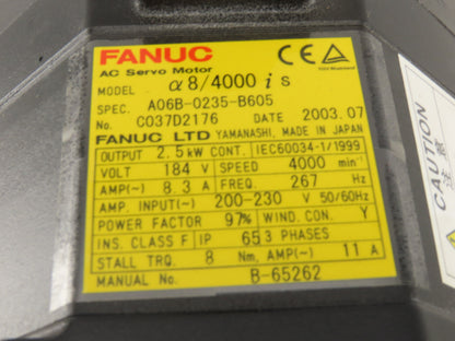 Fanuc A06B-0235-B605 2.5kW 4000RPM 184V AC 3Ph C-Frame AC Servo Motor