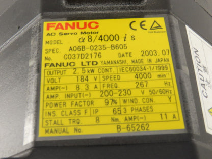 Fanuc A06B-0235-B605 2.5kW 4000RPM 184V AC 3Ph C-Frame AC Servo Motor