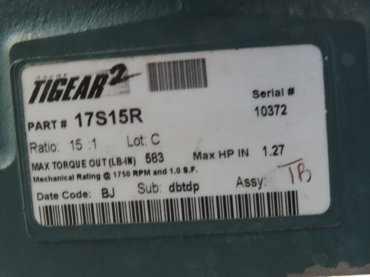 Tigar/Sew Eurodrive 17S15R 3/4Hp Gear Motor 15:1 Ratio 133.3 RPM 230/460V 3Ph