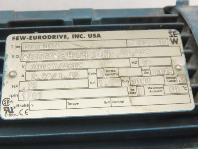 Tigar/Sew Eurodrive 17S15R 3/4Hp Gear Motor 15:1 Ratio 133.3 RPM 230/460V 3Ph