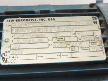 Tigar/Sew Eurodrive 17S15R 3/4Hp Gear Motor 15:1 Ratio 133.3 RPM 230/460V 3Ph