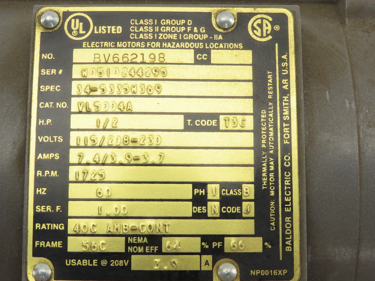 Baldor BV662198 1/2Hp 1725RPM 1Ph 115-230V HAZLOC Hazardous Location AC Motor