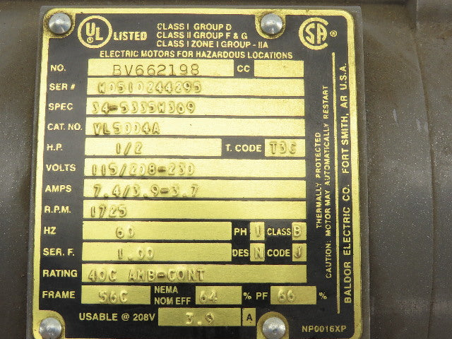 Baldor BV662198 1/2Hp 1725RPM 1Ph 115-230V HAZLOC Hazardous Location AC Motor