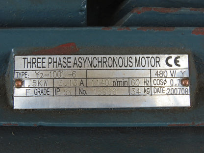 Tongbo Y2-100L-6 1.5kw 1140RPM 1" Shaft 3Ph 480V Cast Iron Electric AC Motor