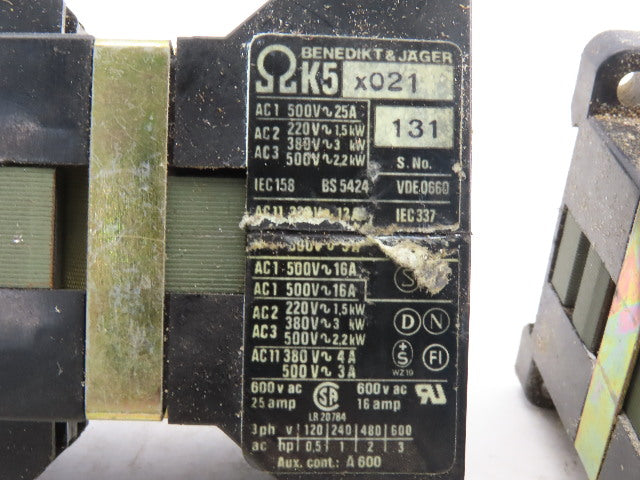 Benedikt Jager K5x021 600V 25A Magnetic Contactor 480V Coil Lot Of 3