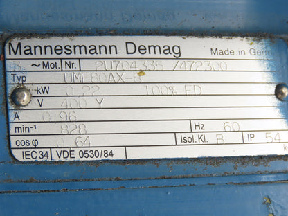 Demag UMF80AX-8 116:1 Ratio 7.4RPM 0.22kW 3Ph 400V Parallel Electric Gear Motor