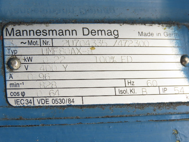 Demag UMF80AX-8 116:1 Ratio 7.4RPM 0.22kW 3Ph 400V Parallel Electric Gear Motor
