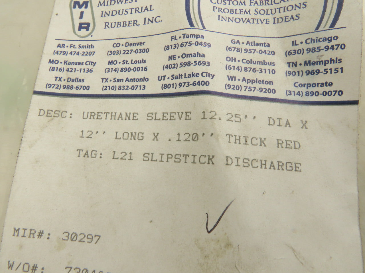 Midwest Industrial Rubber 12-1/4" W Red Urethane Conveyor Belt Sleeve Slick 12'
