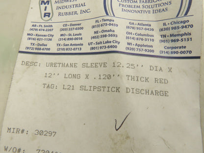 Midwest Industrial Rubber 12-1/4" W Red Urethane Conveyor Belt Sleeve Slick 12'