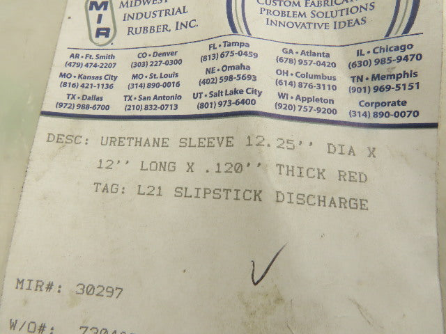 Midwest Industrial Rubber 12-1/4" W Red Urethane Conveyor Belt Sleeve Slick 12'