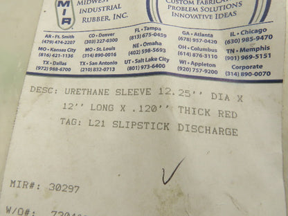 Midwest Industrial Rubber 12-1/4" W Red Urethane Conveyor Belt Sleeve Slick 12'