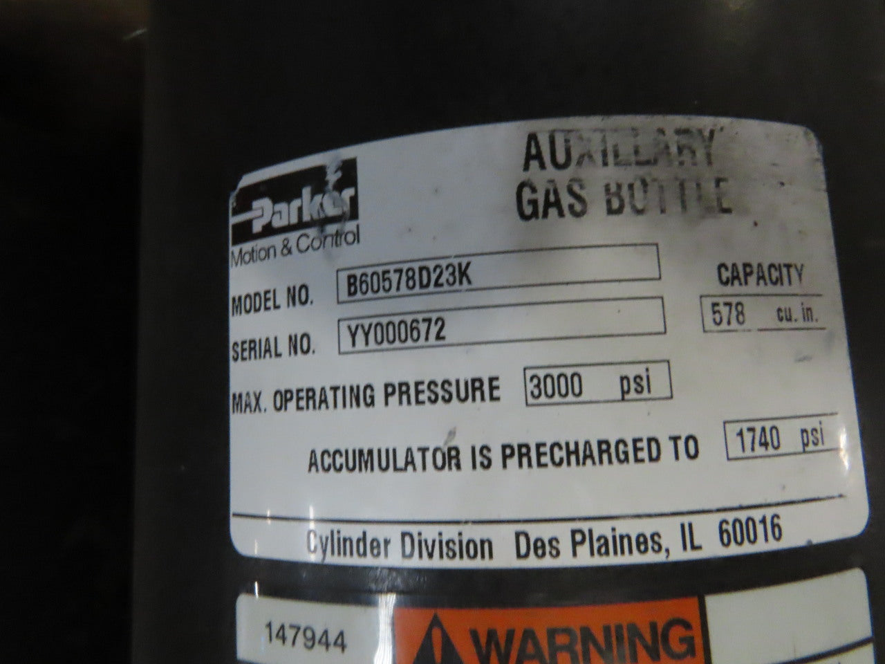 Parker B60578D23K Hydraulic Accumulator Axillary Gas Bottle 578 cu. In. 3000PSI