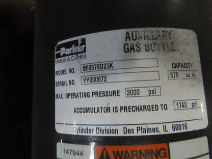 Parker B60578D23K Hydraulic Accumulator Axillary Gas Bottle 578 cu. In. 3000PSI