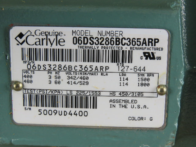 Carrier Carlyle 06DS3286BC365ARP Compressor Semi-Hermetic High Temp 10 HP 460V