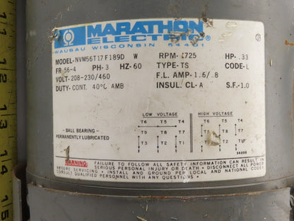 Marathon NVM56T17F189D .33Hp 1725RPM 3Ph 208-230/460V 56-4 Frame Electric Motor