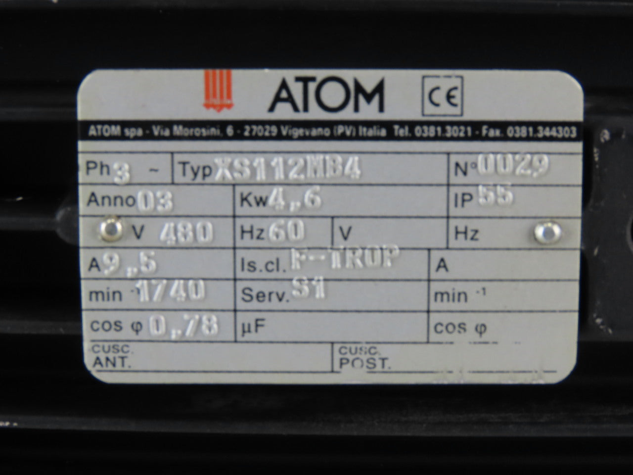 Atom XS112MB4 4.6kW 1740RPM 480V 3Ph C-Face Electric AC Motor IP55