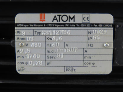 Atom XS112MB4 4.6kW 1740RPM 480V 3Ph C-Face Electric AC Motor IP55
