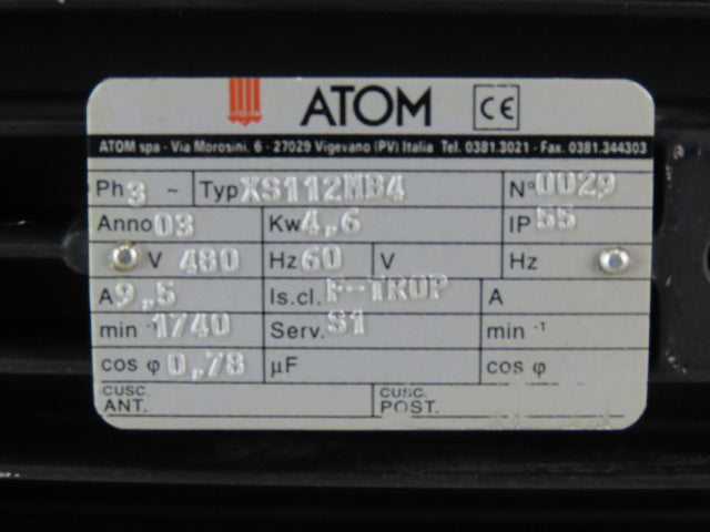 Atom XS112MB4 4.6kW 1740RPM 480V 3Ph C-Face Electric AC Motor IP55