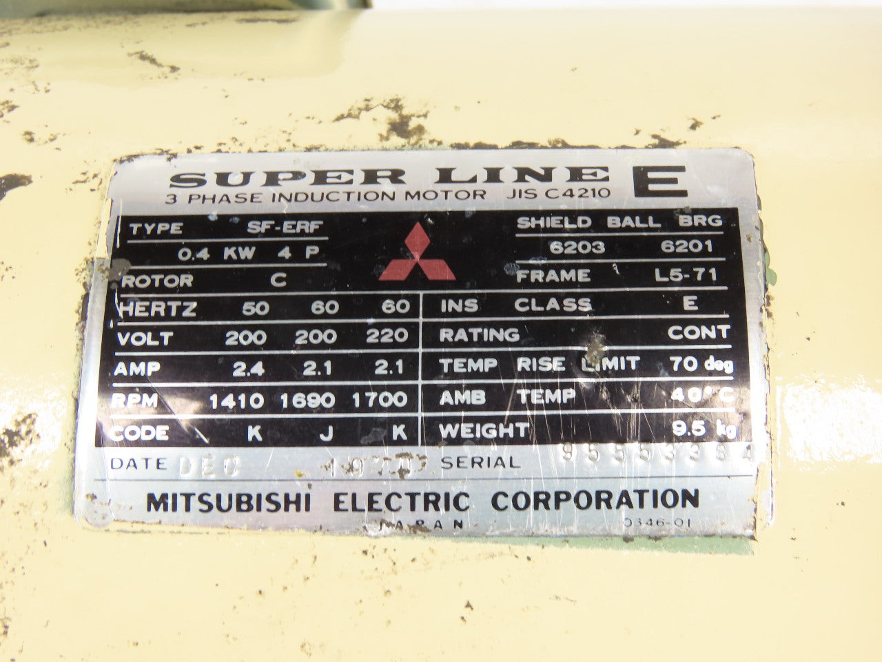 Mitsubishi SF-ERF 25:1 Ratio 68RPM Output 0.4kW 200/220V 50/60Hz Gear Motor