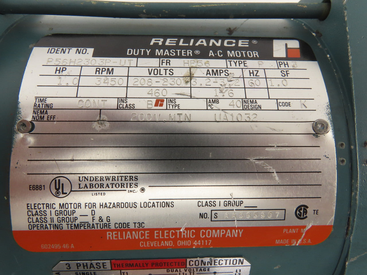 Reliance P56H2303P-UT Duty Master 1Hp 3450RPM 3Ph 208-230/460V HP56 AC Motor