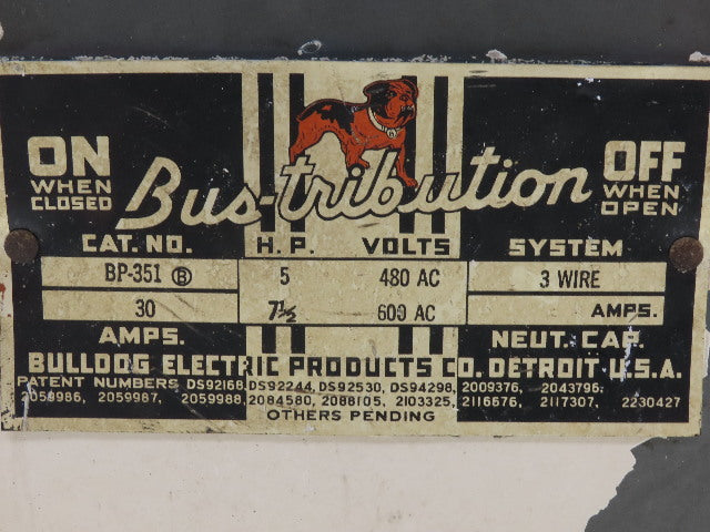 Bulldog BP-351 Bustribution 5 To 7-1/2Hp 30A 480/600VAC 3 Pole Fused Bus Tap